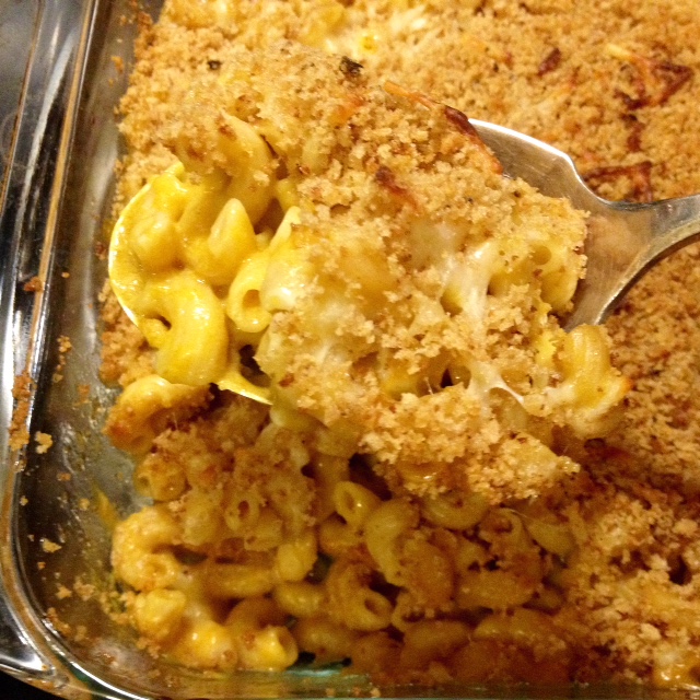 Pumpkin mac 'n cheese, topped with panko bread crumbs. So incredibly yummy. I really like the recipe from Broke Ass Gourmet. Click photo for a link.