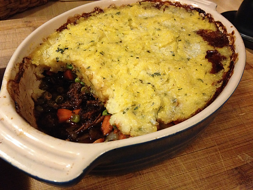 This casserole is a spin on the shepherd's pie: pulled pork, mixed vegetables, polenta crust. Hearty and delicious.