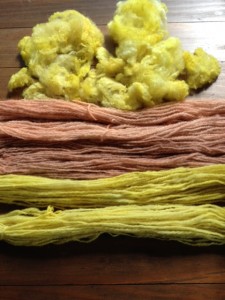 weld on polypay fiber (top) and Jacob handspun (bottom) madder on Jacob and Hog Island handspun (center)