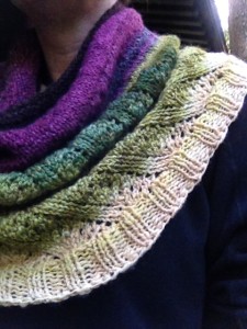 I like the way the lace detail transitions to a ribbed edging for this cowl by Andee Fagan.