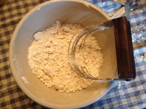 Using a pastry cutter, cut fat into dry ingredients. The goal is a coarse-textured crumb.