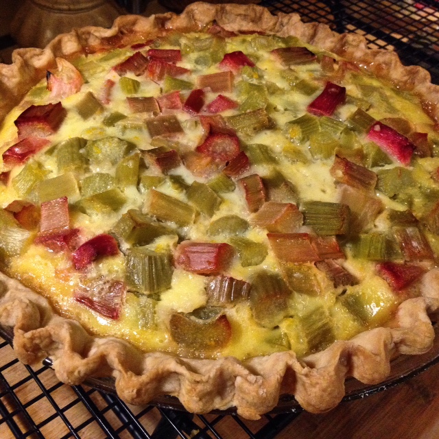Rhubarb custard pie with mixed results. I used three eggs and reduced the heavy cream to 1/3 c half and half.