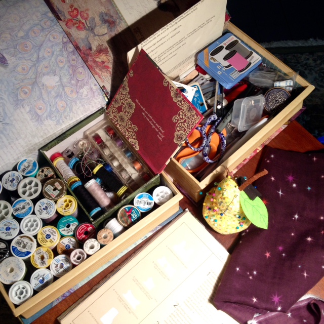 I store sewing supplies in these clever boxes that look like books. I have one for thread and bobbins, one for sewing notions, and one for zippers and bias tape.