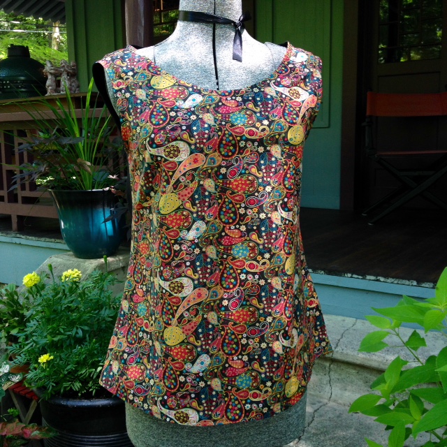 Self-drafted tank in Liberty fabric.  The back is black linen.