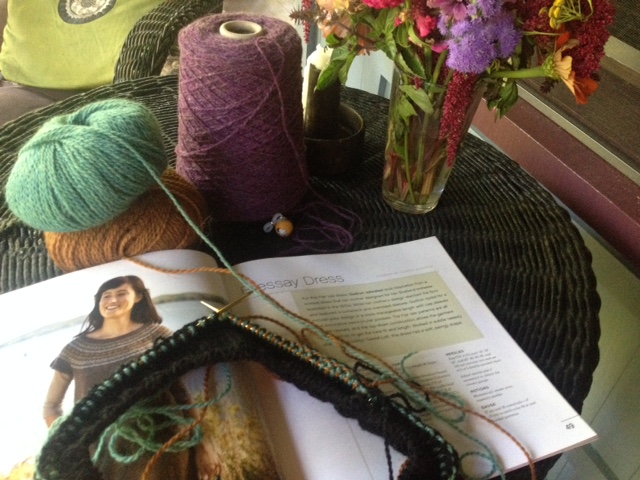 I've been playing with colors, yarn weights, and gauge for the Bressay Dress designed by Gudrun Johnston.