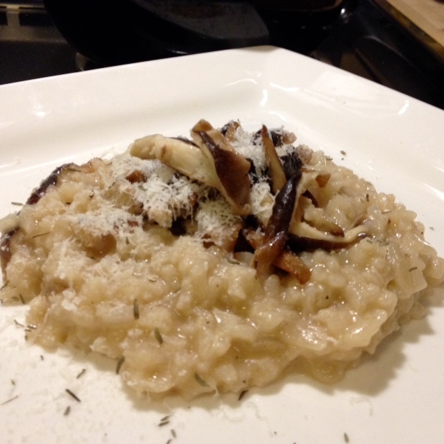 Delicious mushroom risotto with shiitakes harvested right in my kitchen.