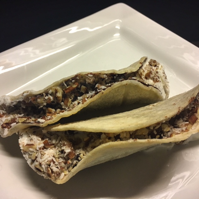 Toasted corn tortillas, melted chocolate, coconut ice cream, coconut and chopped pecans. #powerpantry